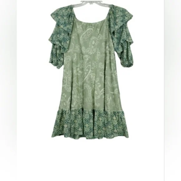 Cato Green Cream & Blue Paisley Ruffle Stretchy Midi Lace 3/4 Sleeve Dress Fairy - Picture 2 of 15